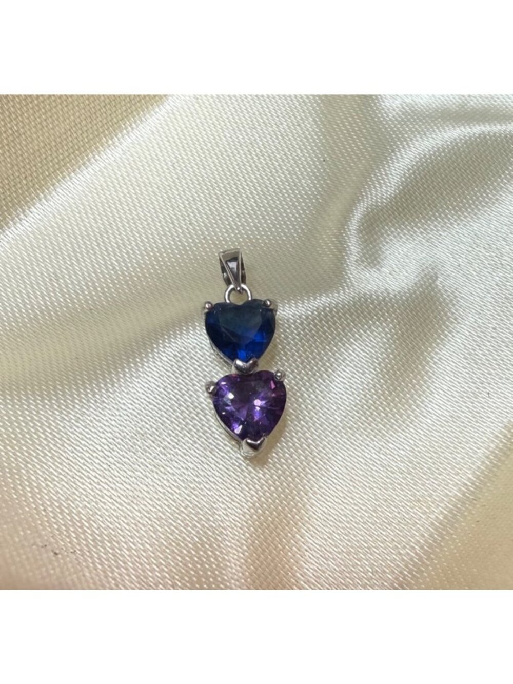 Vintage 925 Sterling Silver Tiny Double Heart Pendant Blue & Purple